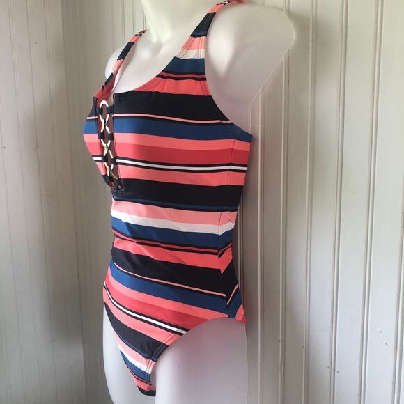 MICHAEL Michael Kors Retail $126 Striped Chain One Piece Swimsuit Size 10 - Picture 3 of 7